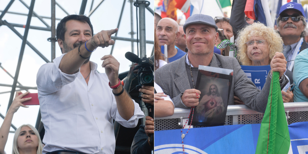 Piazza San Giovanni in tripudio per Matteo Salvini. Con lui Berlusconi e Meloni