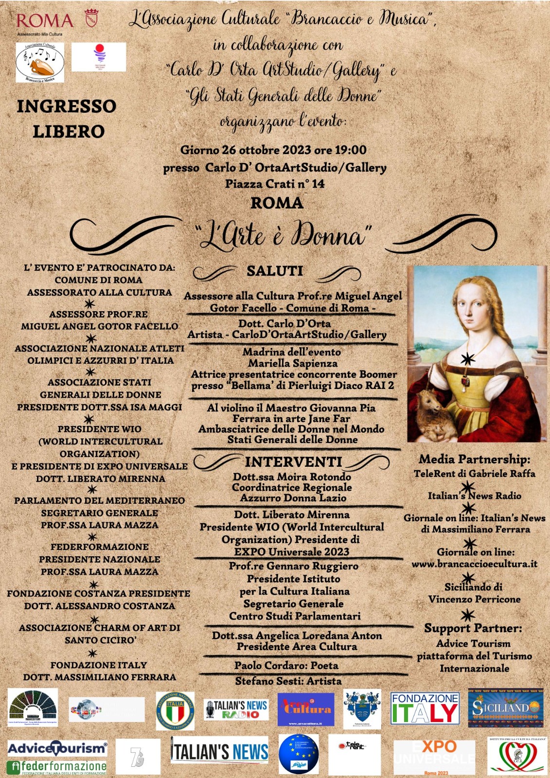 26 ottobre ore 19,00, a Roma: L’Arte è Donna.