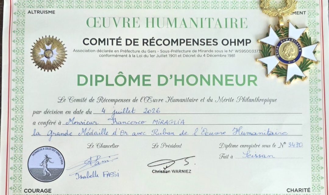 A Roma conferito all’Avvocato Francesco Miraglia il “Diplôme d’Honneur” dell’Œuvre Humanitaire OHMP